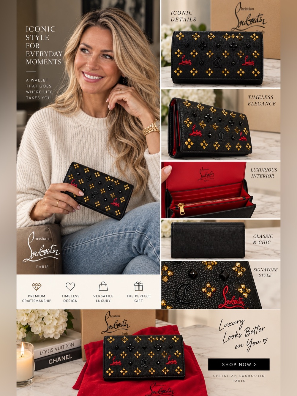 Black Leather Studded Continental Wallet with Red Interior